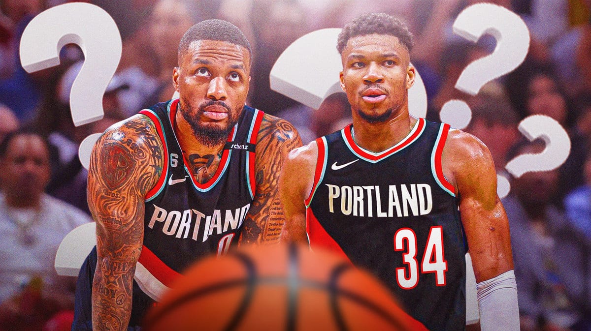 Current Milwaukee Bucks stars Damian Lillard and Giannis Antetokounmpo in Portland Trail Blazers jerseys.