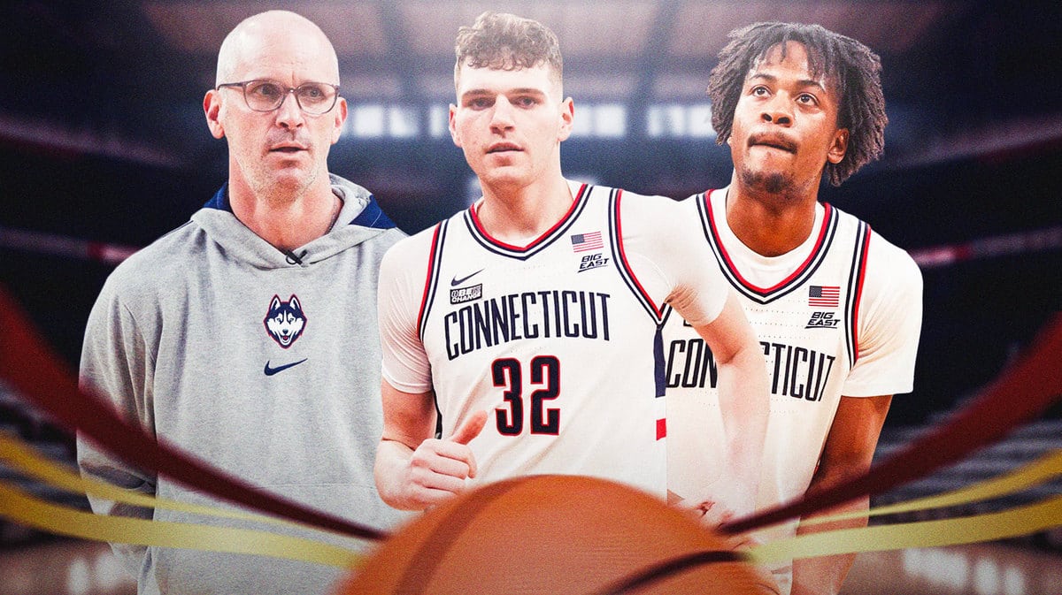 UConn coach Dan Hurley with his two All-American candidates, Donovan Clingan and Tristen Newton