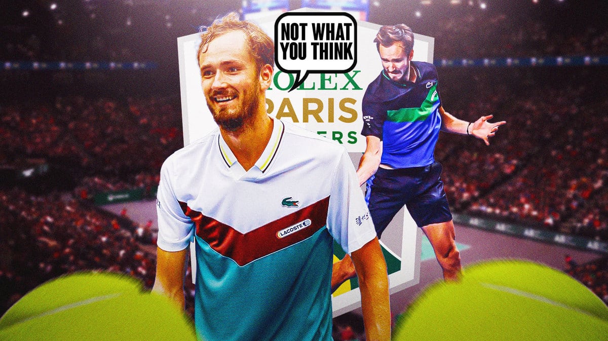 Daniil Medvedev in middle of image looking happy with speech bubble: “Not what you think” , Paris Masters 1000 tennis courts in background and logo in image
