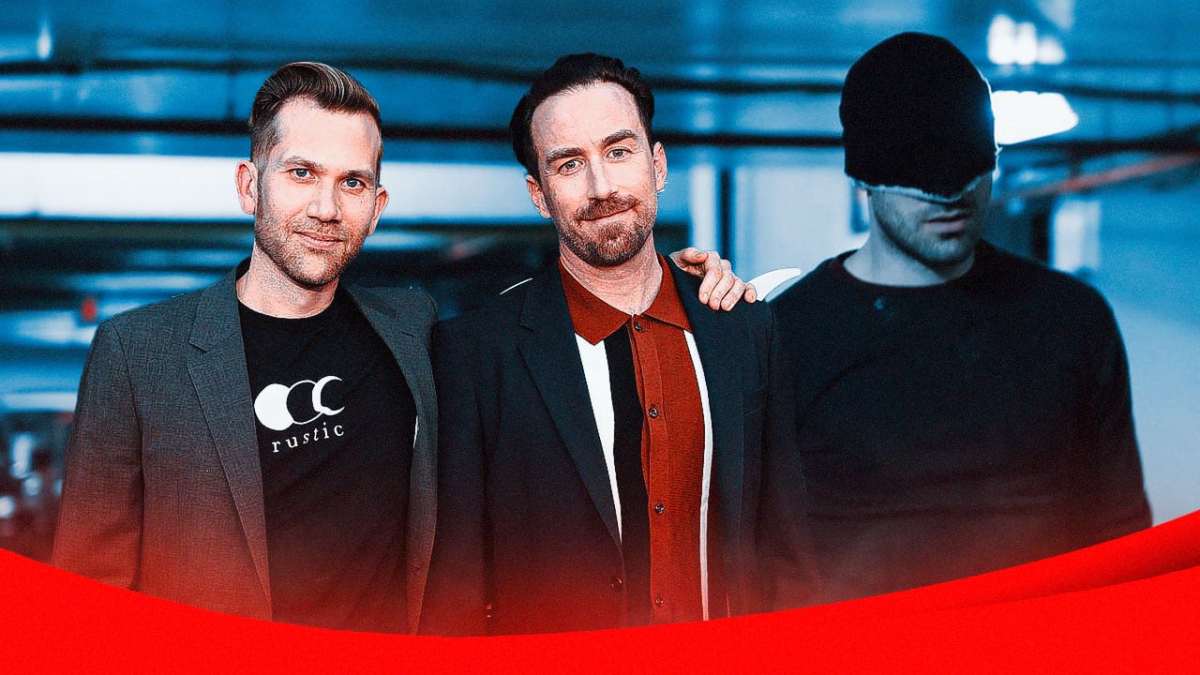 Directors Justin Benson and Aaron Moorhead with a scene from Daredevil.