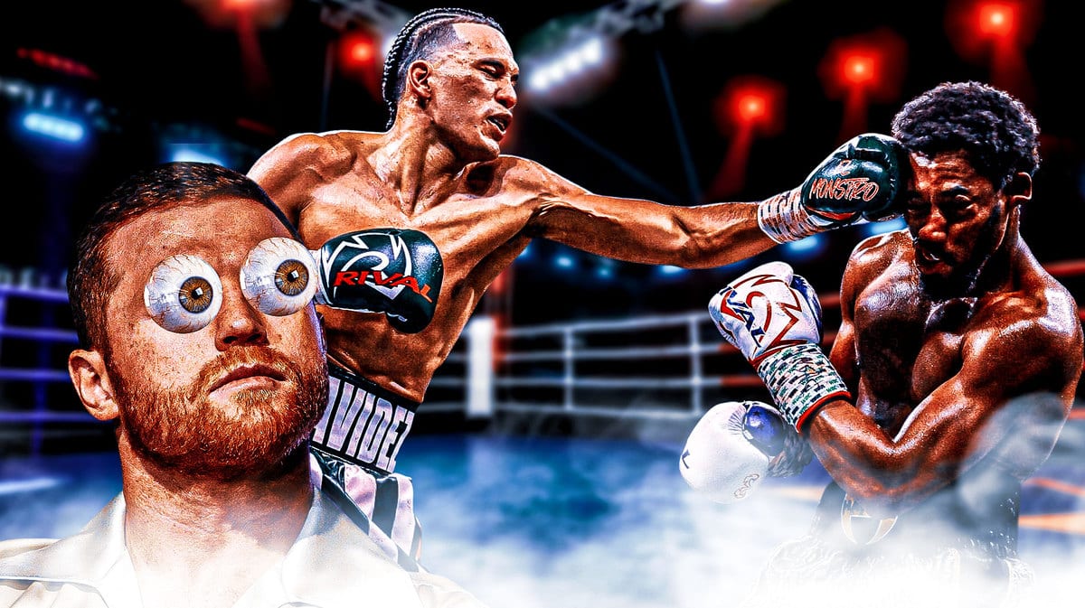 Canelo Alvarez's eyes bulging out while watching David Benavidez fight Demetrius Andrade