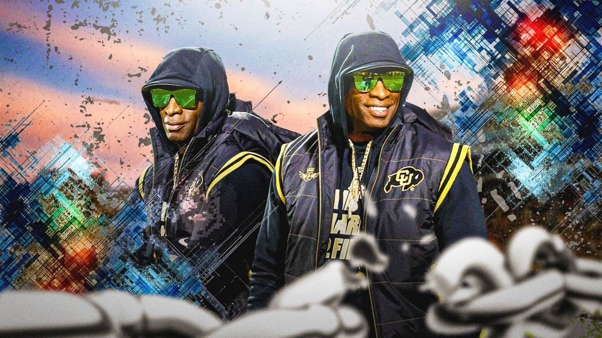 Images of Deion Sanders looking hopeful on the left and on the right.