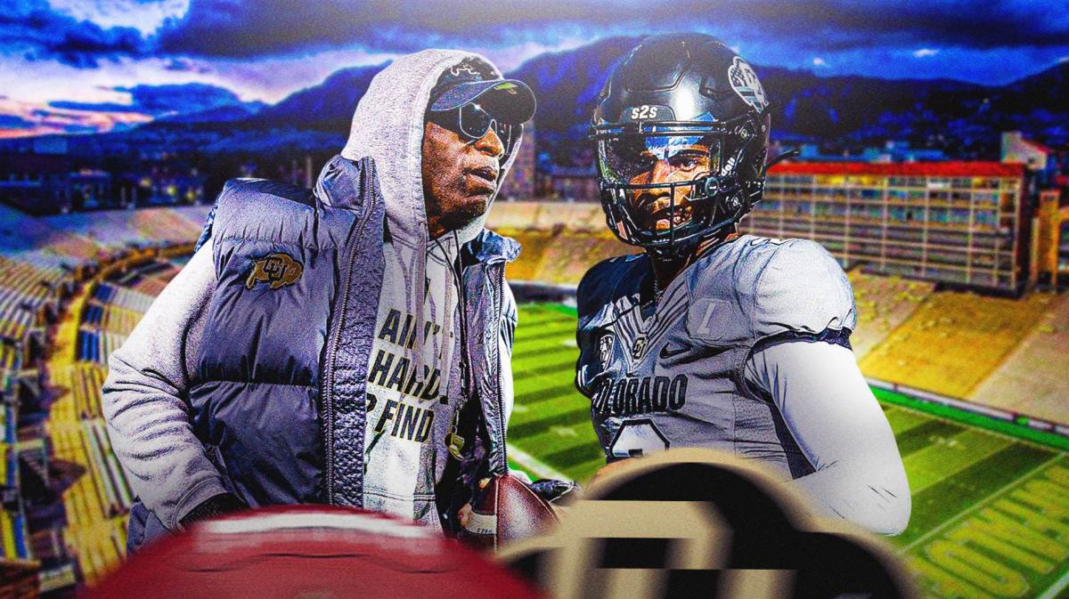 Colorado football, Buffaloes, Deion Sanders, Shedeur Sanders, Utah football, Deion Sanders and Shedeur Sanders with Colorado football stadium in the background