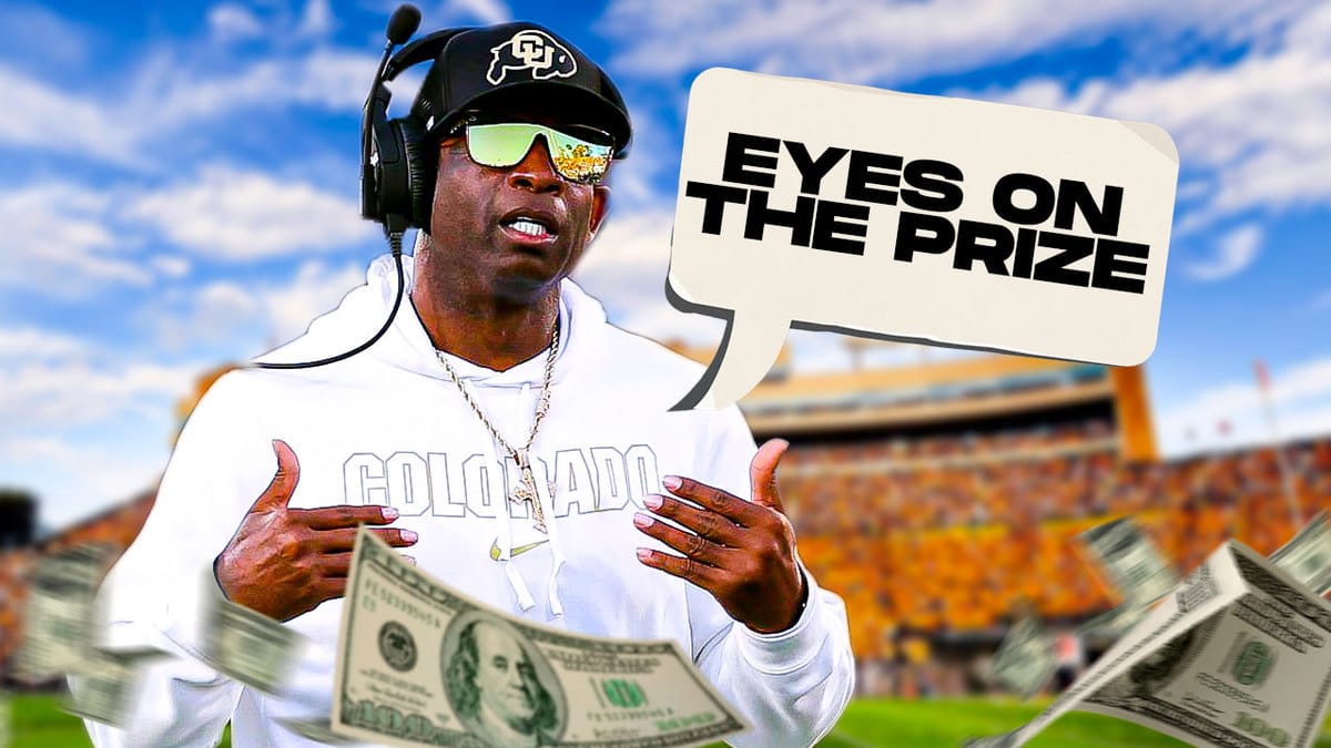 Colorado Buffaloes coach Deion Sanders and speech bubble “Eyes On The Prize”