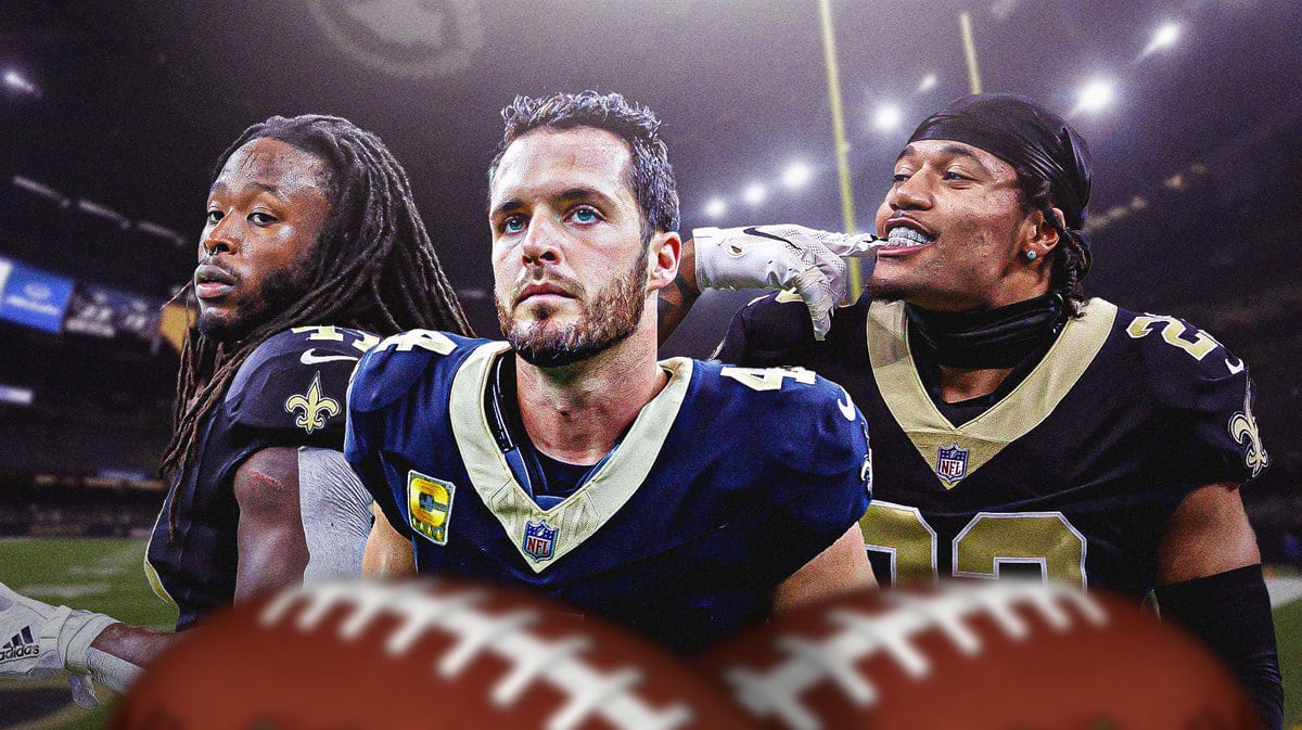 New Orleans Saints stars Alvin Kamara, Derek Carr, and Marshon Lattimore in front of the Caesars Superdome.
