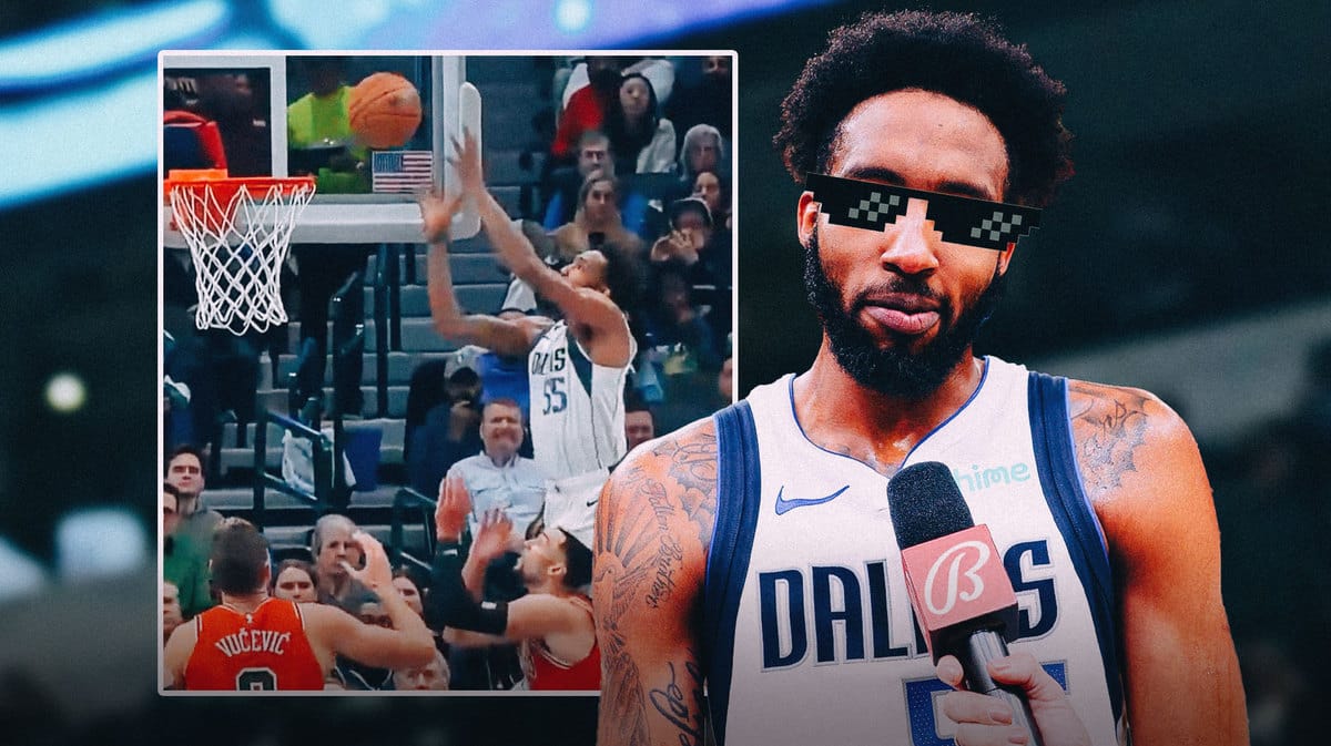 Mavs' Derrick Jones Jr. dunking on Bulls' Zach Lavine on November 1, 2023, with Jones on the side wearing thug life shades