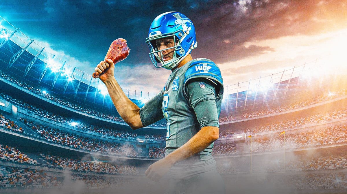 Jared Goff holding a turkey leg for the Detroit Lions