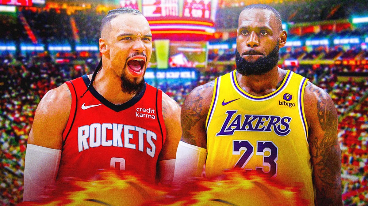 Houston Rockets' Dillon Brooks with Los Angeles Lakers LeBron James in front of the Toyota Center.