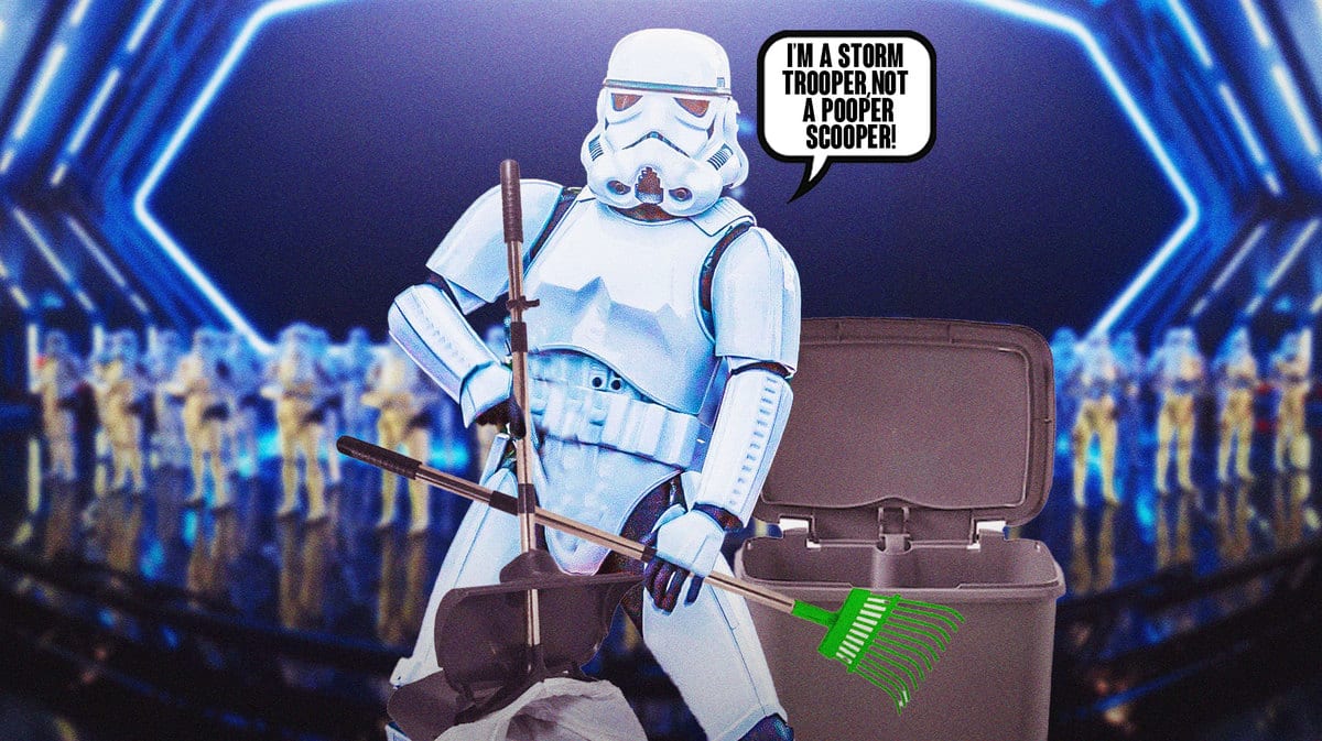 A Disney Parks employee dressed as a storm trooper uses a pooper scooper to clean up a mess a park guest has left behind. The storm trooper says "I'm a storm trooper, not a pooper scooper!"