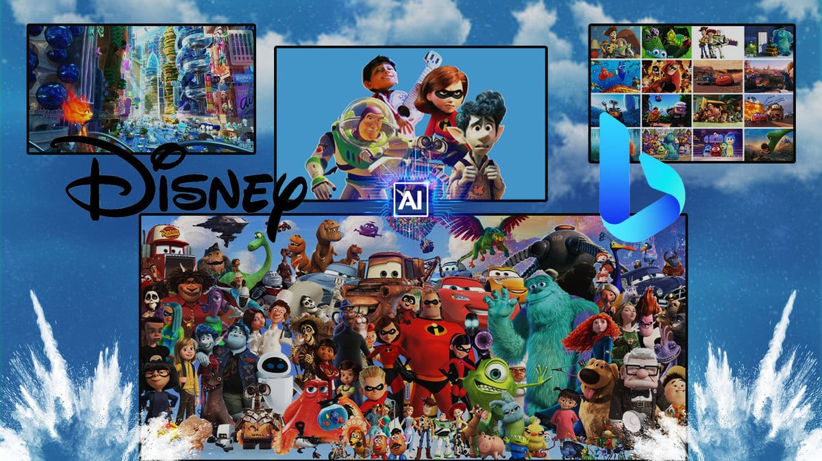 Images from Pixar with the Disney and Bing logo with AI.