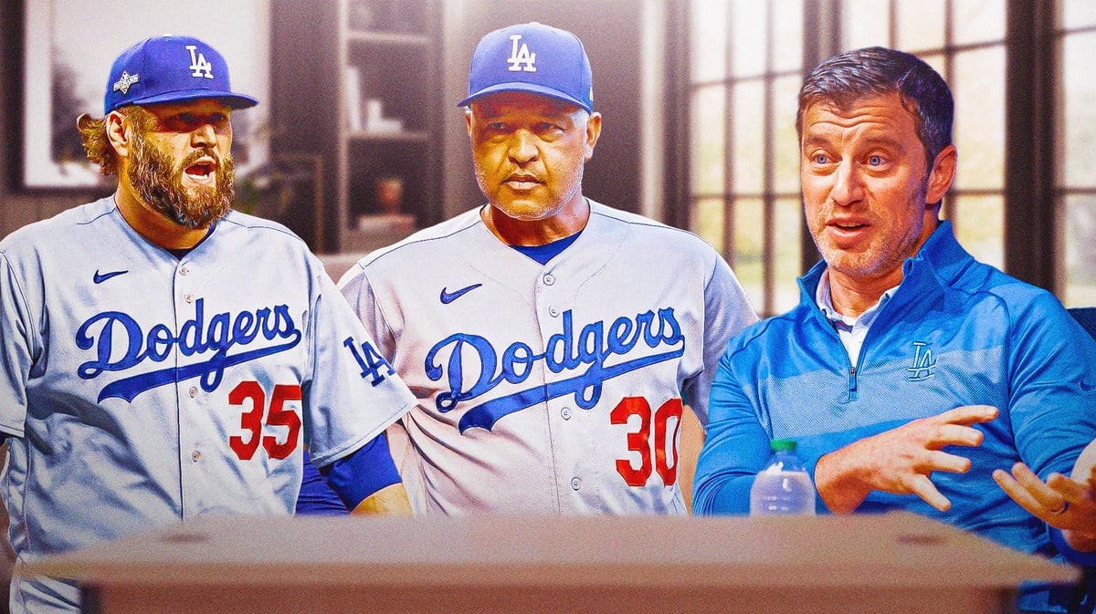 Dodgers' Lance Lynn, Dodgers' Dave Roberts, Dodgers' Andrew Friedman all sitting in an office.