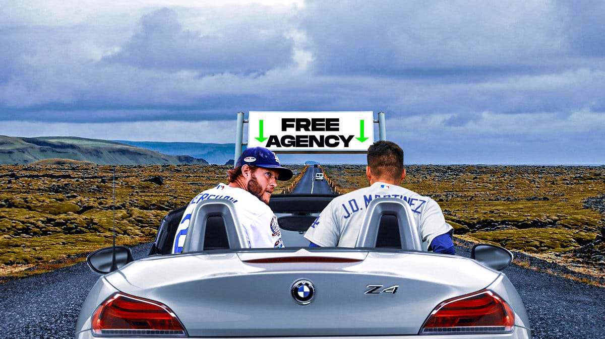 Clayton Kershaw, JD Martinez driving toward a sign that reads: FREE AGENCY