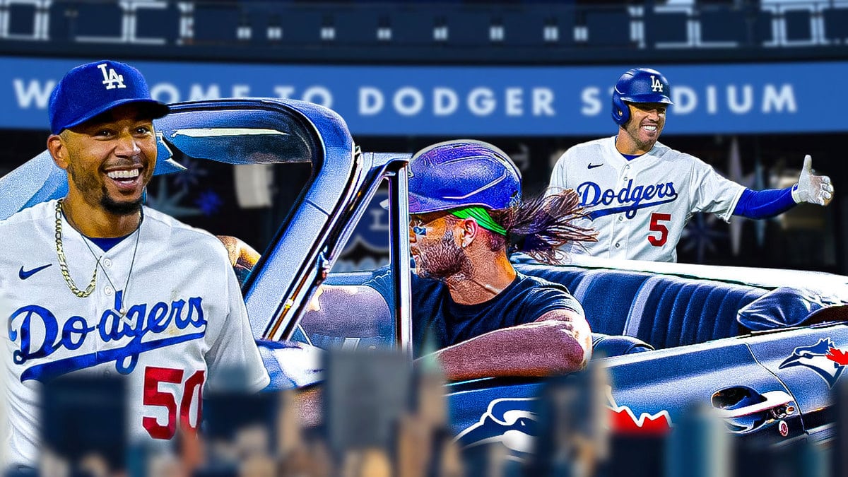 Bo Bichette driving a car with the Dodgers logo on it Have him driving toward Dodger Stadium with Mookie Betts and Freddie Freeman standing in front waving to greet him