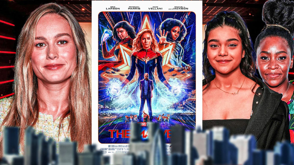 Brie Larson, Iman Vellani, and Teyonah Parris around The Marvels poster.
