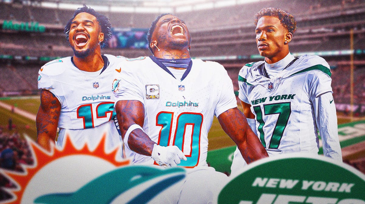 New York Jets star Garrett Wilson and Miami Dolphins receivers Tyreek Hill and Jaylen Waddle in front of MetLife Stadium.