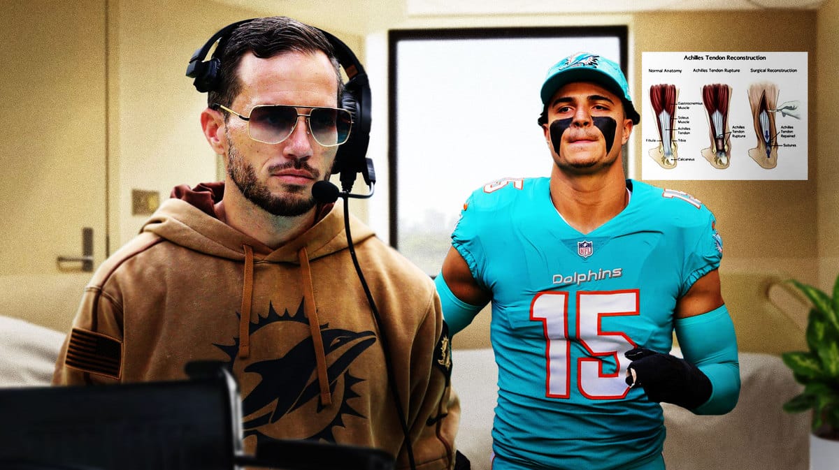 Dolphins HC Mike McDaniel looking worried, with Jaelan Phillips looking sad, medical diagram of Achilles injury beside Phillips