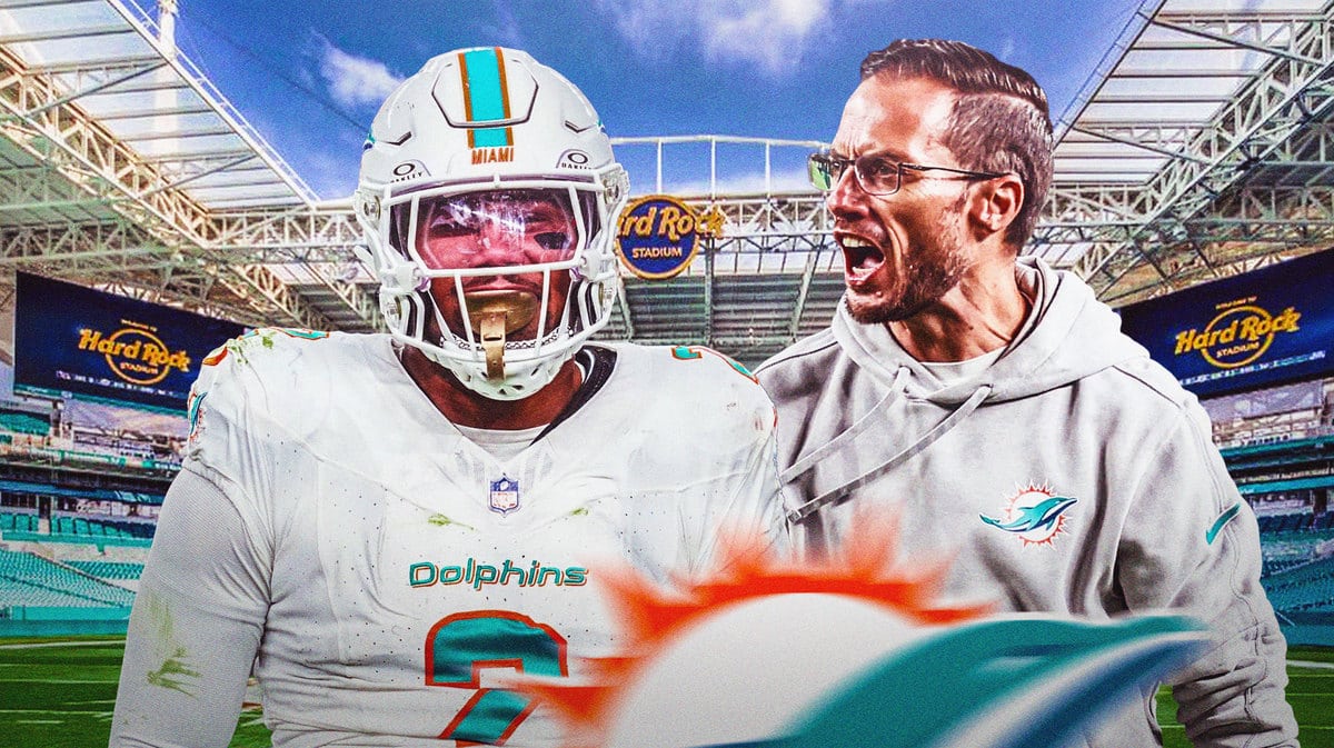 Photo: Bradley Chubb in Dolphin uniform with Mike McDaniel in Dolphins gear next to him (angry)
