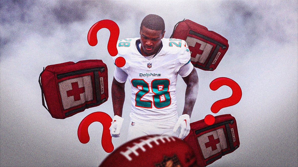 Dolphins' De’Von Achane looking worried, with question marks and medical red cross around him
