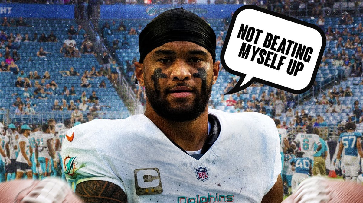 Miami Dolphins QB Tua Tagovailoa and speech bubble “Not Beating Myself Up”