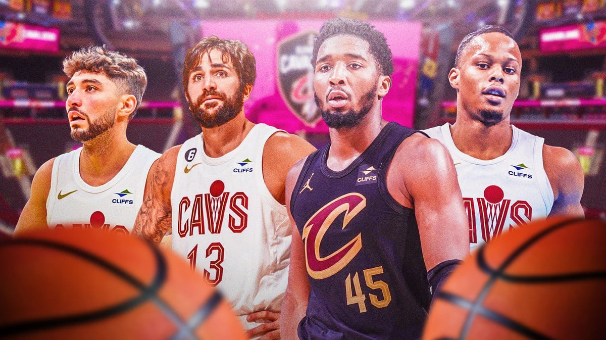 Donovan Mitchell, Isaac Okoro, Ricky Rubio, Ty Jerome all in action in Cavs jerseys, medical kits around them
