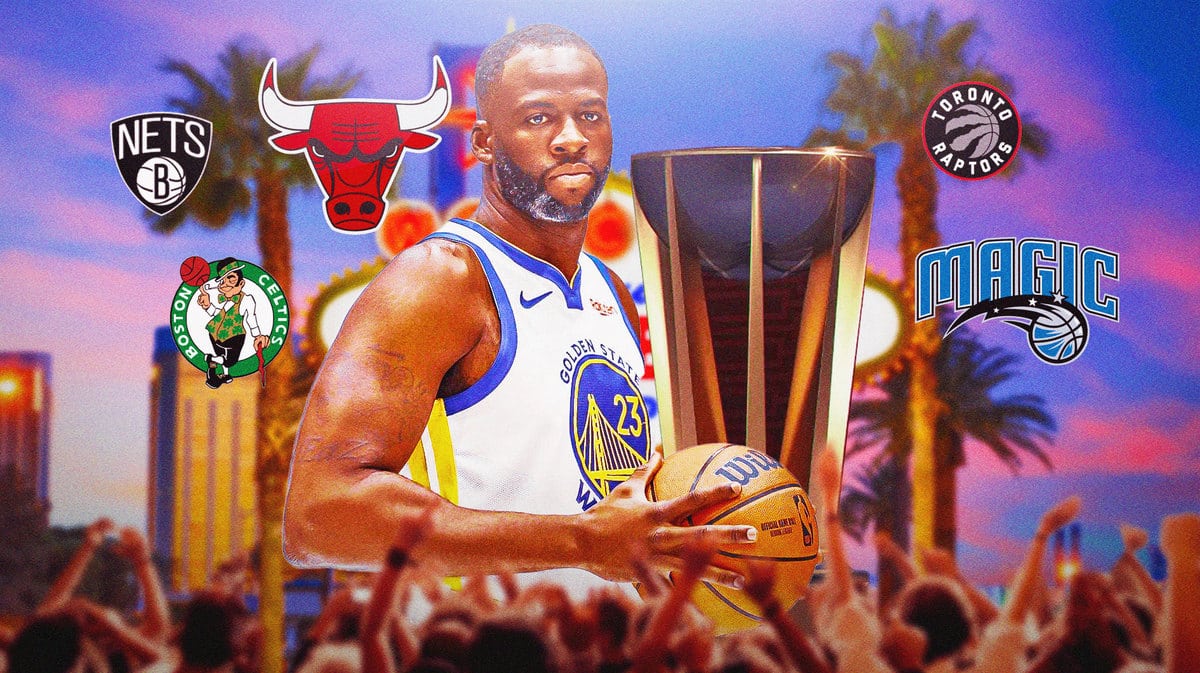 Draymond Green next to the NBA Cup (trophy) and logos of the Celtics, Bulls, Raptors, Magic, and Nets