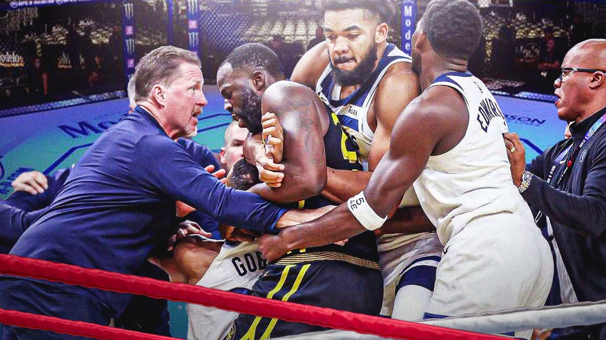 Golden State Warriors forward Draymond Green puts Minnesota Timberwolves center Rudy Gobert in a chokehold