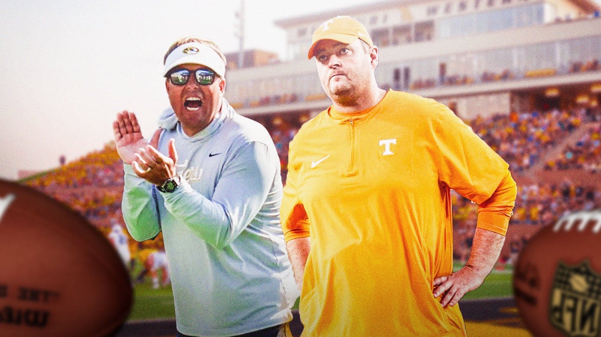 Missouri football head coach Eli Drinkwitz yelling at Tennessee football head coach Josh Heupel