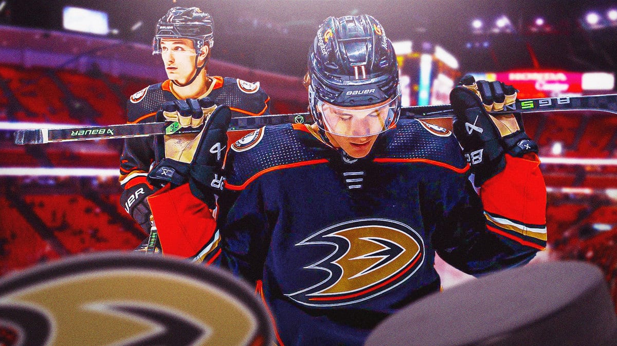 Trevor Zegras looking disappointed in a Ducks jersey