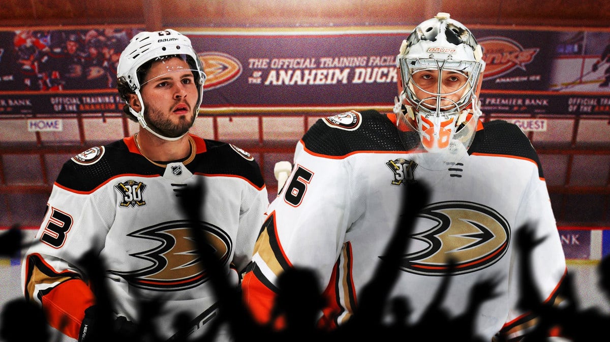 Anaheim Ducks forward Mason McTavish with goalie John Gibson after beating the Vegas Golden Knights on Sunday night.