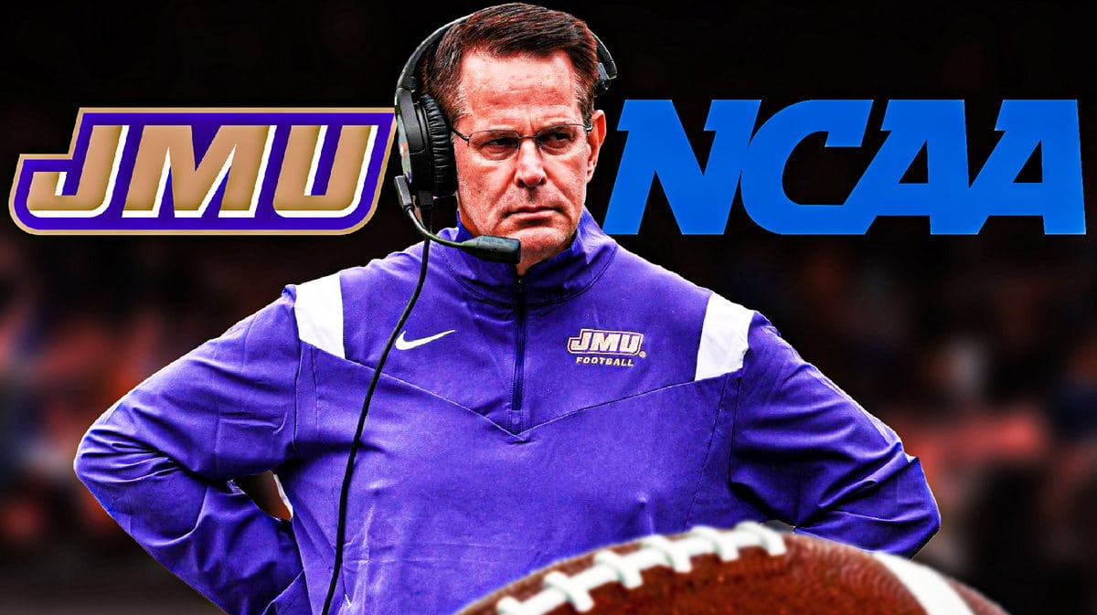 Curt Cignetti, James Madison and NCAA logos