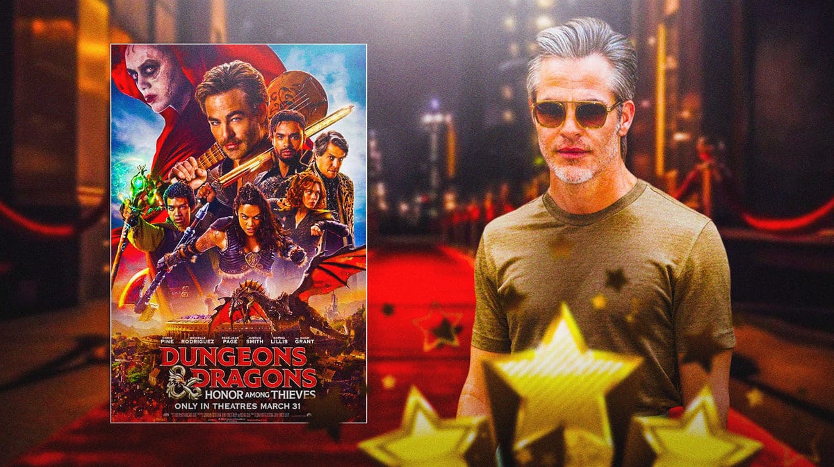 Dungeons & Dragons: Honor Among Thieves poster next to Chris Pine with red carpet background.