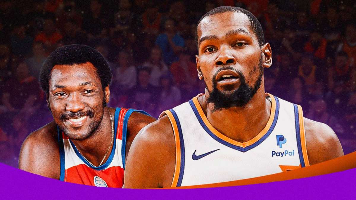 Kevin Durant alongside Elvin Hayes with the Suns arena in the background