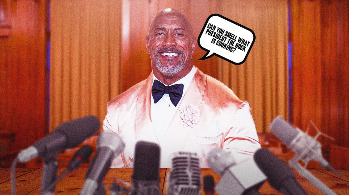 Dwayne Johnson standing behind a presidential podium asking, "Can you smell what President The Rock is cooking?"