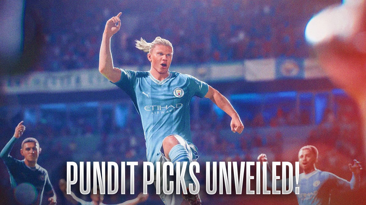 EA Sports FC 24 Erling Haaland jumping in the air with the caption 'Pundit Picks Unveiled'