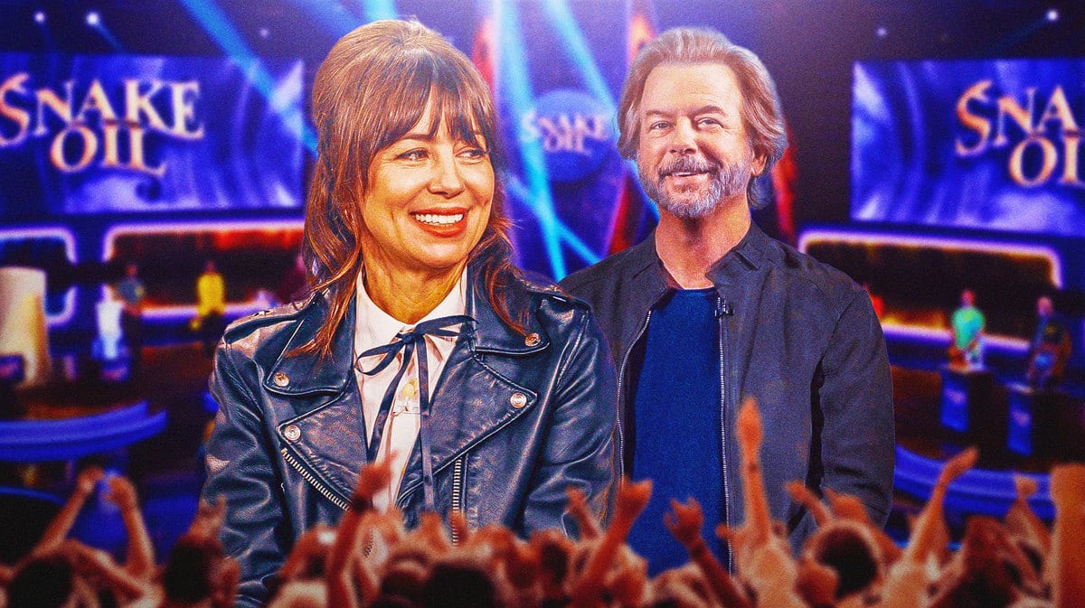 Natasha Leggero and David Spade in front of Snake Oil logo.