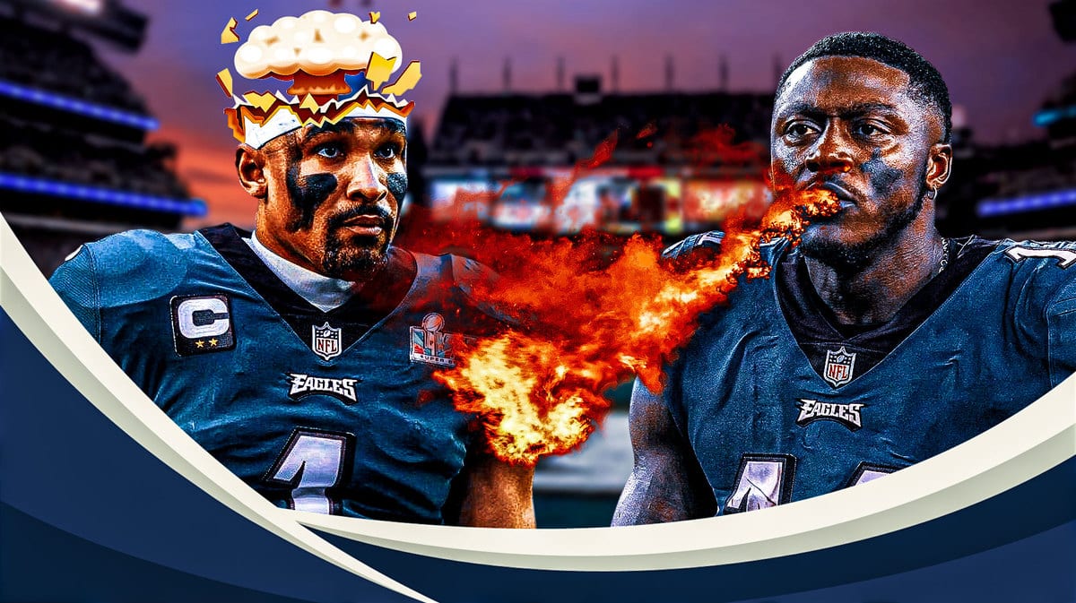 Eagles' AJ Brown with fire coming out his mouth. Jalen Hurts with mind-blown head