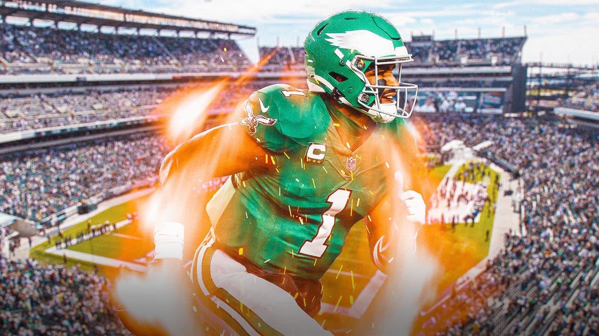 ACTION SHOT of Jalen HUrts of the Eagles on fire