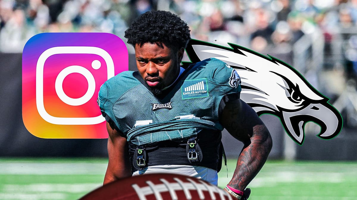Kenneth Gainwell in middle of image looking stern, Instagram logo, Eagles logo, football field in background