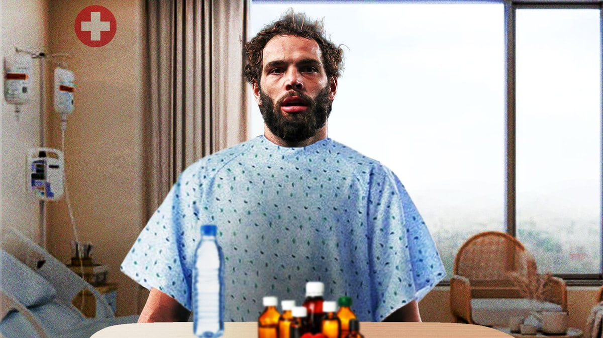 Dallas Goedert of the Eagles in a hospital gown. Add a medical cross symbol