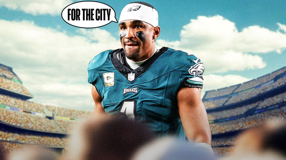 Philadelphia Eagles QB Jalen Hurts and a speech bubble “For The City”