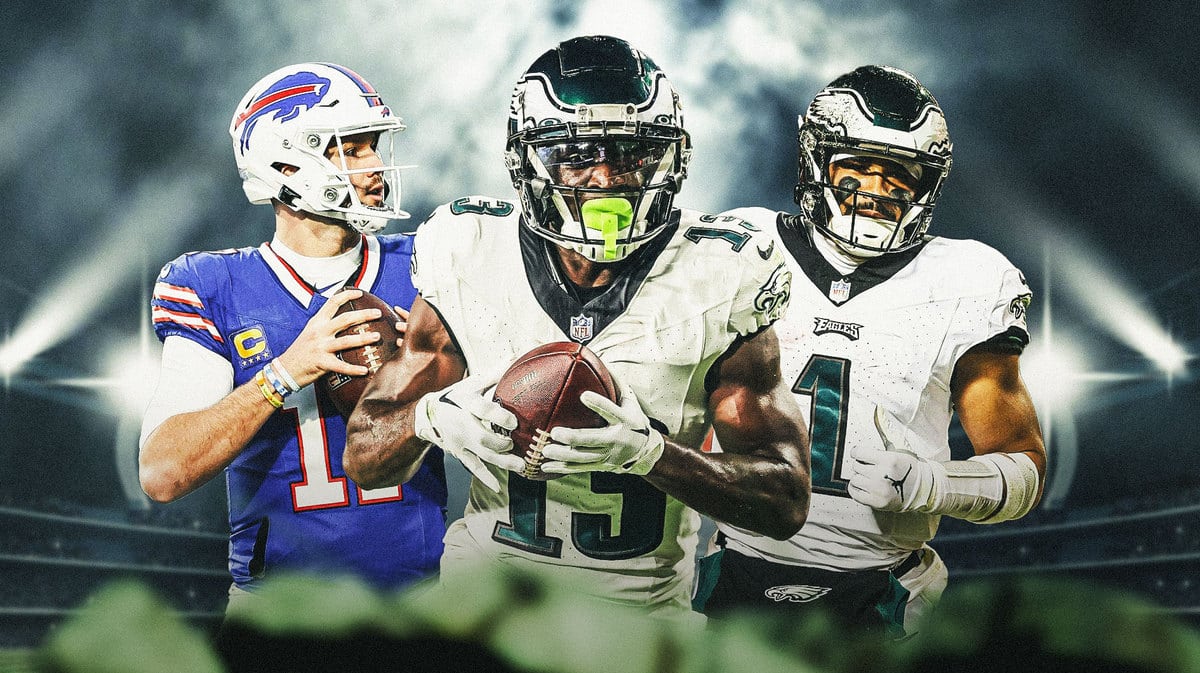 Eagles Jalen Hurts and Olamide Zaccheaus with Bills Josh Allen