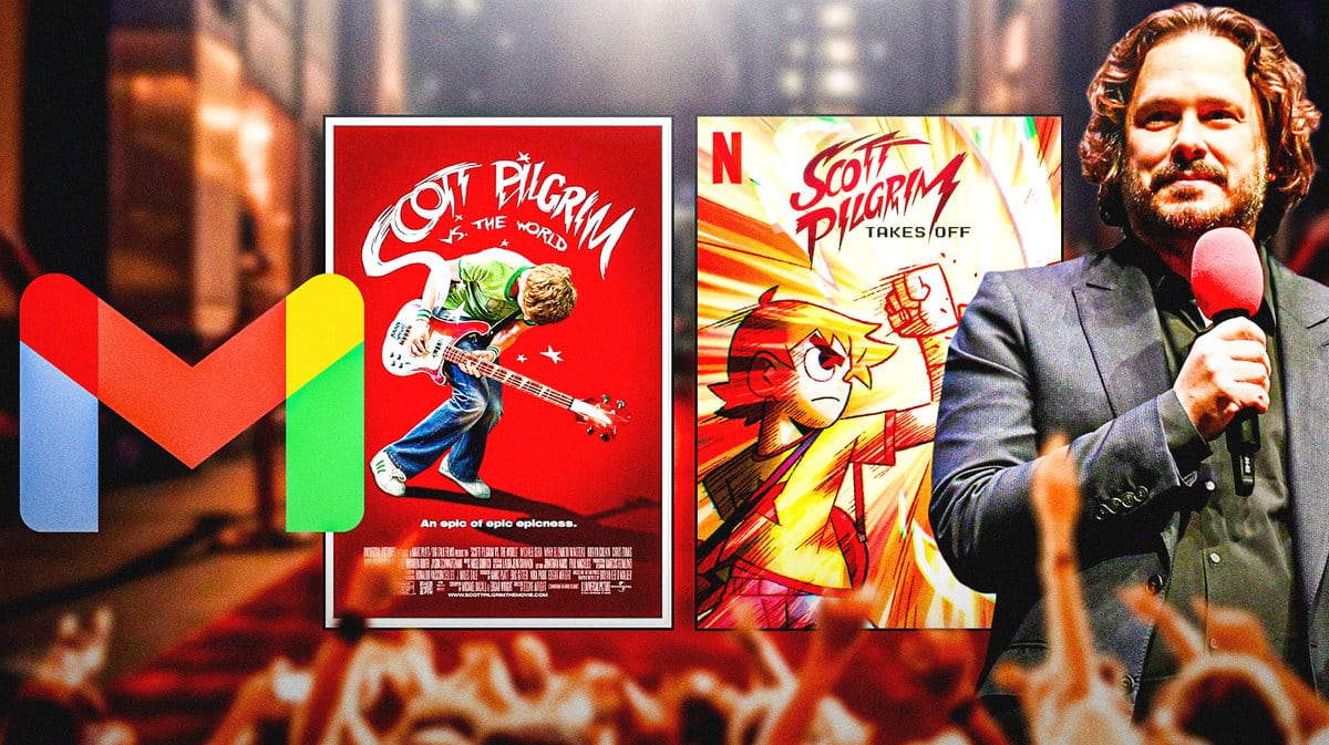Gmail logo next to posters of Scott Pilgrim vs. the World and Scott Pilgrim Takes Off (Netflix anime) and Edgar Wright.