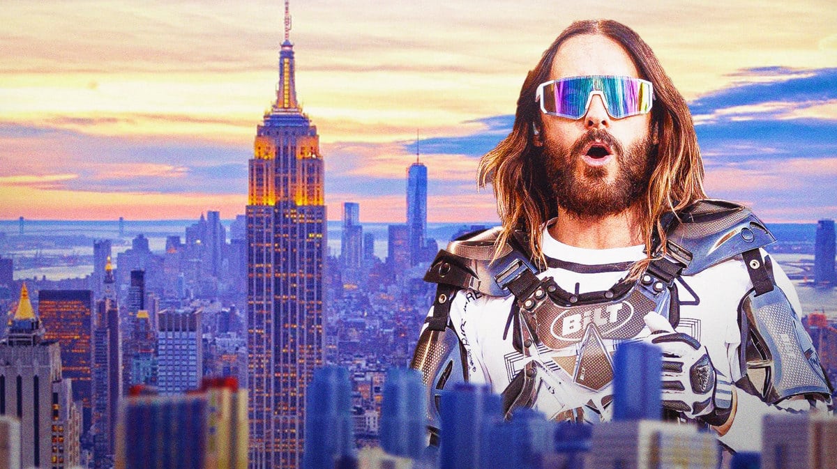Jared Leto with Empire State Building and New York City skyline in background.