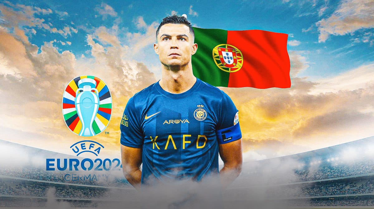 Cristiano Ronaldo in front of Euro 2024 logo and Portuguese flag