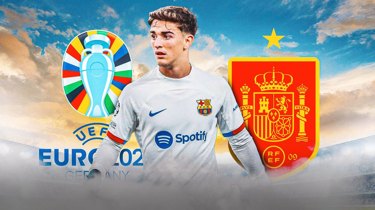 Gavi in front of the Spanish and Euro 2024 logos