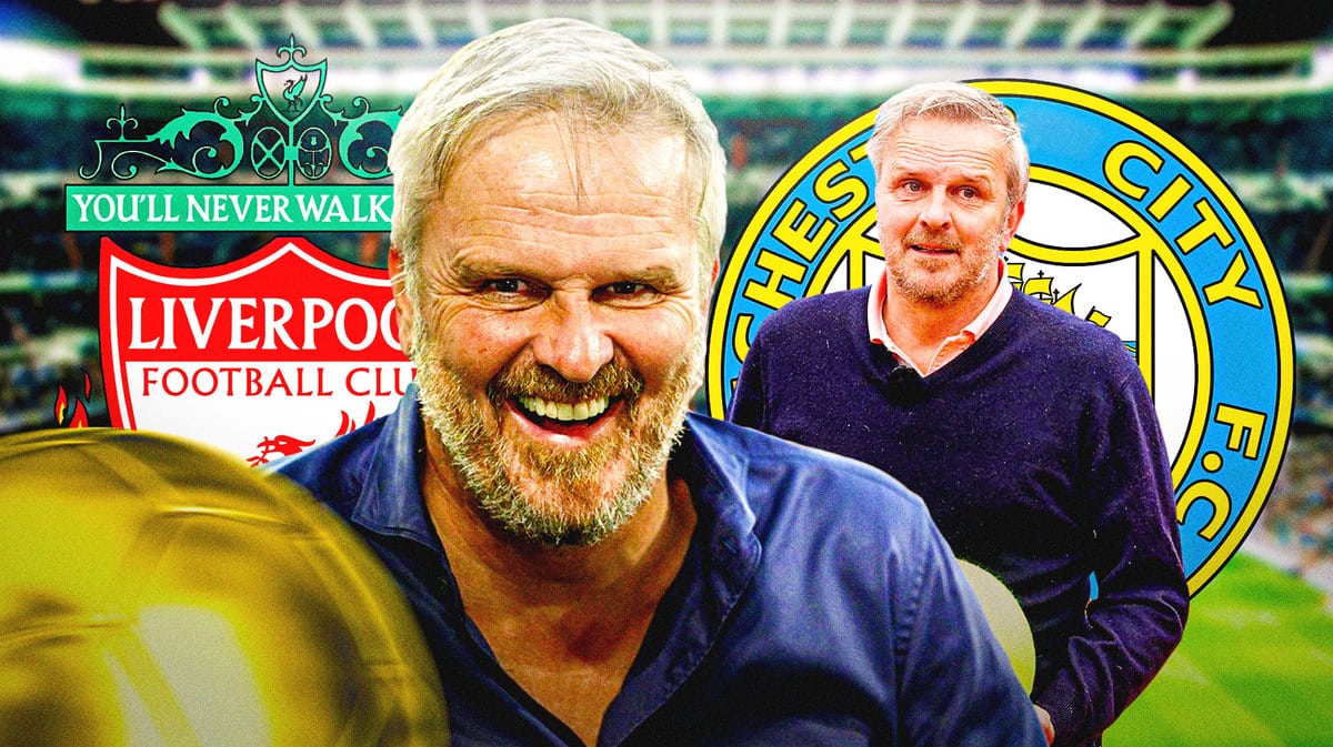 Multiple Pictures of Dietmar Hamann, looking glorious, the Liverpool, Manchester City logos in the back