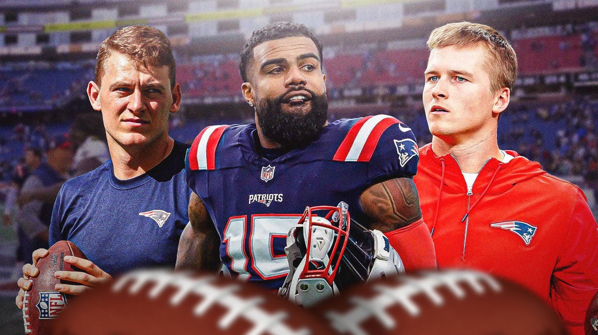 Ezekiel Elliott with Mac Jones and Bailey Zappe around him.
