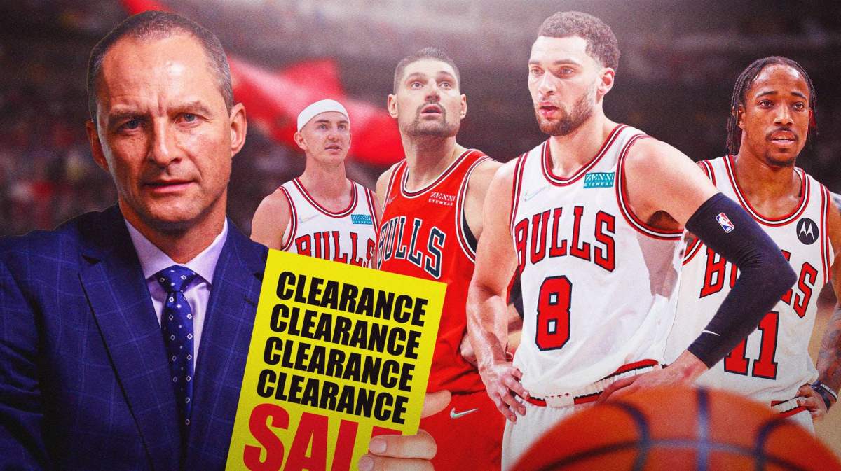 Image: Bulls VP artūras karnišovas holding a clearance sale sign, with Zach LaVine, Alex Caruso, DeMar DeRozan, and Nikola Vucevic all looking worried