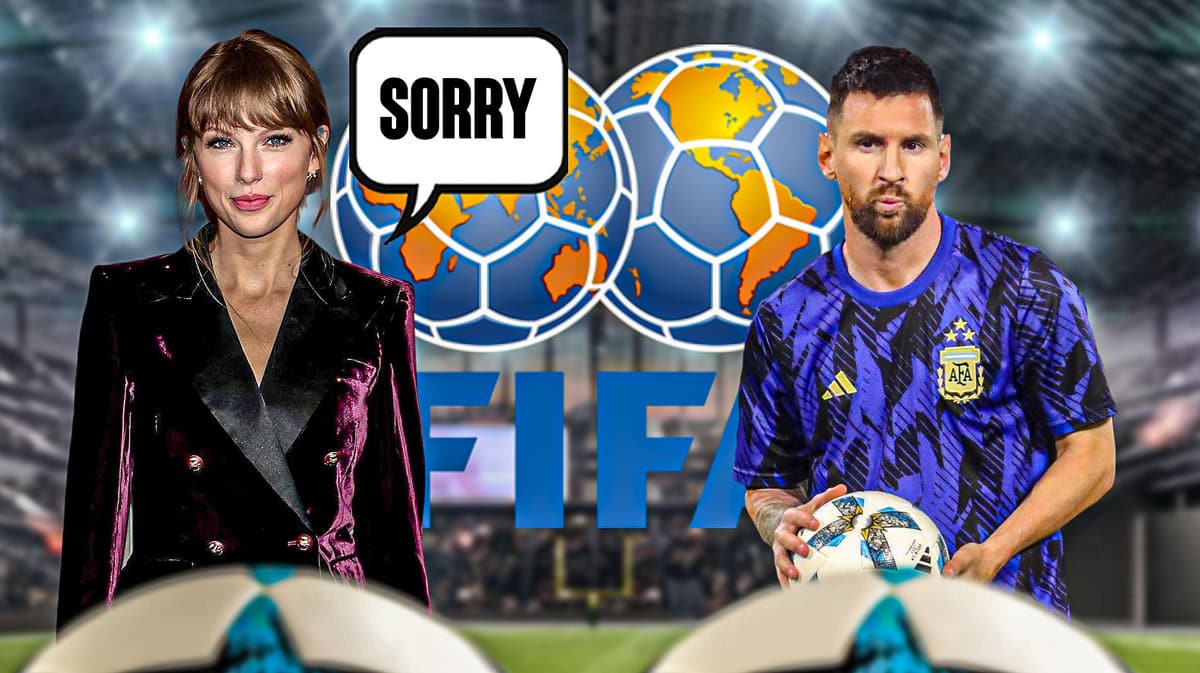Taylor Swift saying: ‘sorry’ next to Lionel Messi in front of the FIFA World Cup logo