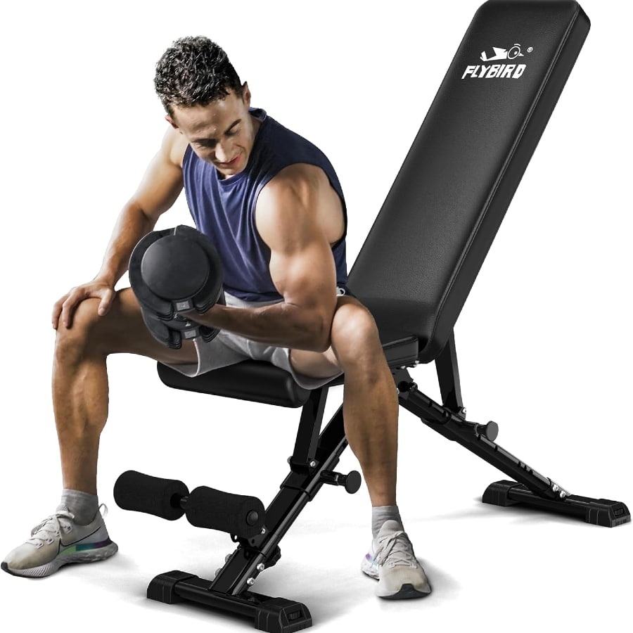 Model using the FLYBIRD Weight Bench on a white background.